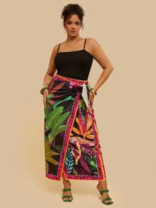 Travachic 热带假日大码休闲黑鹦鹉、椰子树、樱花系带蝴蝶结裹身裙 - 彩色 - 查看 4