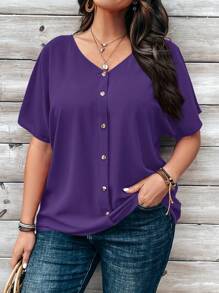 Rosumi Plus Size Women's Orange Button Embellished Short Sleeve Shirt For Spring Purple - Purple - View 2