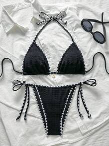 Swim Mod Bộ bikini 2 mảnh đi biển mùa hè cho nữ, vải jacquard màu trơn có viền xếp nếp và dây buộc vai - màu đen - Xem 3