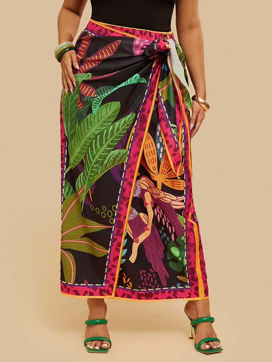 Travachic 热带假日大码休闲黑鹦鹉、椰子树、樱花系带蝴蝶结裹身裙 - 彩色 - 查看 1