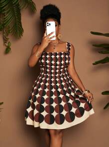 Maweii Plus Size Square Neck Geometric Circle Ombre A-Line Camisole Dress - Multicolor - View 5