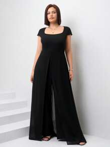 Chikora 大码女式方领短袖撞色网纱阔腿连体裤，适合派对、晚宴、生日等场合，也可作为优雅礼服穿着。这款连体裤是夏季婚礼宾客的理想之选。 - 黑色 - 查看 5