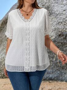 EMERY ROSE Blusa casual de verano con cuello en V, unicolor, parche de encaje, estilo bohemio, para mujer de talla grande - Blanco - Ver 4