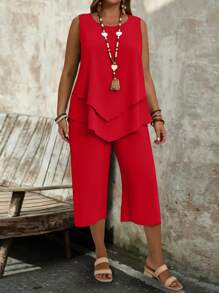 EMERY ROSE 大码女式简约中号紫色无袖上衣和七分裤 2 件套 - 紅色 - 查看 1