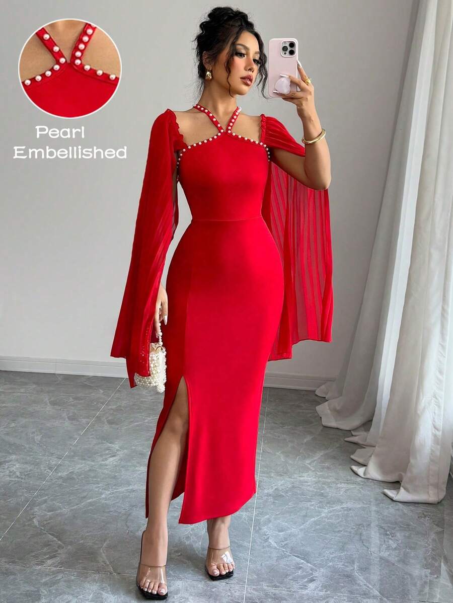 Elenzga Sleeveless Pleated Dress With Pearl Decor And Side Slit For Women - Red - View 1