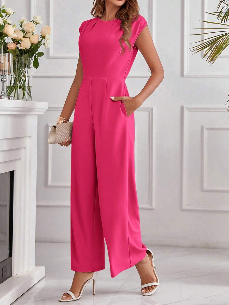 SHEIN Clasi Mono palazzo de mujer elegante de unicolor con cuello redondo, mangas cortas y bolsillos - Rosa Fucsia - Ver 1