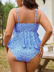 Swim Mod 2pcs/Set Plus Size Ditsy Floral Spaghetti Strap Bikini Set, Ruched High Waist Bottom And Camisole Top, Figure Flattering And Cute Style