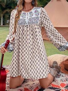 LanaWest Women Patterned Drawstring Wooden Bead Decor Color Block A-Line Mini Dress With Lantern Sleeves, Casual - Multicolor - View 6