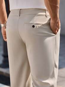 Manfinity Homme Men's Light Beige Pleated Pocket Straight Leg Casual Pants,Autumn Solid Minimalist Relaxed Fit Soft Trousers,Perfect For Party,Vacation & Streetwear - Apricot - View 5