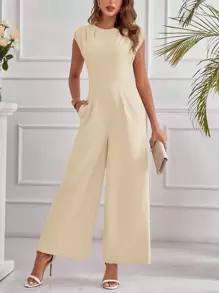 SHEIN Clasi Mono elegante para mujer de unicolor, con cuello redondo, mangas de murciélago y bolsillos, pierna ancha