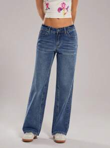 Forever 21 Women Casual Commuter Street Style Low Rise Straight Leg Jeans, Spring - Dark Wash - View 4