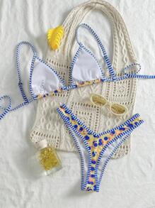 Swim Mod Women's Cute Random Print Spaghetti Strap 2 Pieces Bikini Swimwear Set, Spring Break Summer Outfits - Multicolor - View 2