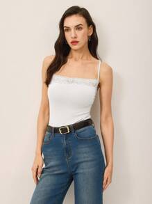 Poéselle Ladies' Solid Color Lace Spliced Camisole Tank Top - White - View 5