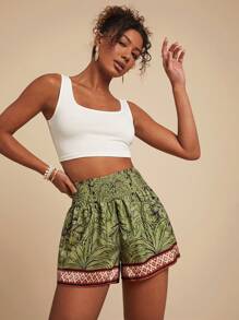 Travachic Women's Loose Fit Palm Tree Print Straight Leg Casual Shorts - Army Green - View 5