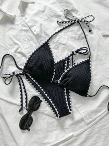 Swim Mod Bộ bikini 2 mảnh đi biển mùa hè cho nữ, vải jacquard màu trơn có viền xếp nếp và dây buộc vai - màu đen - Xem 1