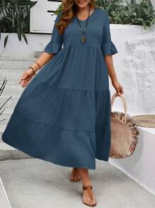 EMERY ROSE Plus Size Women's Deep V-Neck Ruffle Sleeve Multi-Tiered Hem Long Yellow Dress For Summer - Dusty Blue - View 1