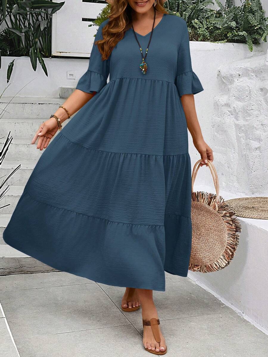 EMERY ROSE Plus Size Women's Deep V-Neck Ruffle Sleeve Multi-Tiered Hem Long Yellow Dress For Summer - Dusty Blue - View 1
