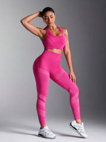 Powerista Women's Backless Halter Neck Top & Seamless Sports Leggings 2pcs Set - Pink - View 7