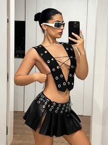 SHEIN ICON Summer For Women Club Women Sexy Concert Women Women's Double Row Metal Eyelets Decorated Tank Top