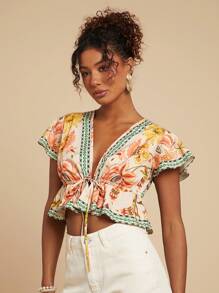 Travachic Summer Woven Printed Ruffle Hem Short Sleeve Fitted Women Blouse,Vacation Outfits Woman - Yellow - View 1