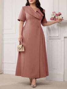 Modelyn 加大码 V 领水手领甜美短袖褶皱腰正式优雅中长连衣裙 - 粉色 - 查看 7