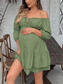SHEIN Robe d'été casual de maternité à épaules dénudées de couleur unie - Vert menthe - Voir 3