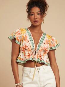 Travachic Summer Woven Printed Ruffle Hem Short Sleeve Fitted Women Blouse,Vacation Outfits Woman - Yellow - View 4