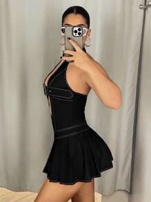 SHEIN ICON 镂空迷你露背百褶连衣裙，配有腰带扣细节 - 黑色 - 查看 4