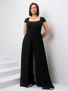 Chikora 大码女式方领短袖撞色网纱阔腿连体裤，适合派对、晚宴、生日等场合，也可作为优雅礼服穿着。这款连体裤是夏季婚礼宾客的理想之选。 - 黑色 - 查看 4