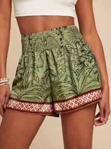 Travachic Women's Loose Fit Palm Tree Print Straight Leg Casual Shorts - Army Green - View 1