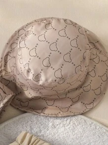 SHEIN 3 件套：女童幼童熊和钻石图案衬衫 + 帽子 + 宽松直筒裤，夏季 - 卡其色 - 查看 6