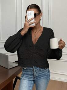 Serisse Women's V-Neck Long Sleeve Solid Color Blouse, Minimalist Fashion Suitable For Summer Winter Black - Black - View 4