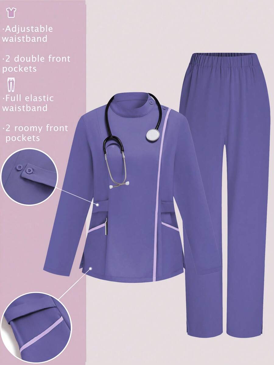 TaskEZ 女式纯色立领长袖上衣和裤子 护理服套装 跑步护士服和制服 洗手口袋透气拉绒服装套装 带口袋的弹性运动工作服 手术服上衣和裤子套装 女式手术服套装：缺口 V 领塞入式上衣和直筒裤 基本慢跑手术服套装 护理服弹力上衣和抽绳工装裤