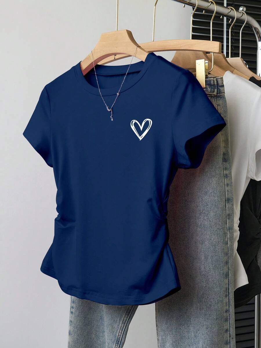INAWLY Camiseta de mujer de verano casual con estampado de corazón y drapeado - Azul Marino - Ver 1