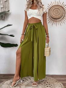 Breezaya Women's Textured Fabric Waist Tie Pants - Army Green - View 4