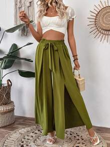 Breezaya Women's Textured Fabric Waist Tie Pants - Army Green - View 6