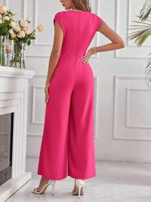 SHEIN Clasi Mono palazzo de mujer elegante de unicolor con cuello redondo, mangas cortas y bolsillos - Rosa Fucsia - Ver 2