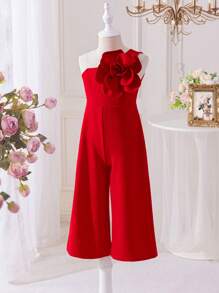 SHEIN Young Girl Solid Color Knit Racer Back Romper - Red - View 4