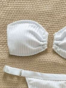 Swim Chiccia Women's Summer Solid Color Strapless Bandeau Metal Decor Sexy Bikini Swimwear Set - White - View 3