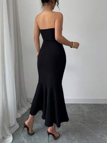 Elenzga Women's Rhinestone Decor Strapless Hollow-Out Fishtail Hem Elegant Dress - Black - View 2