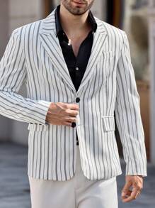Manfinity Mode 男士条纹翻领长袖休闲西装外套，秋季 - 白色 - 查看 6
