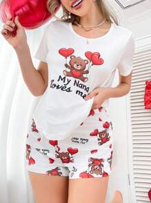Cute Romantic Heart & Bear Print Women Pajama Set