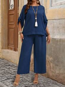 EMERY ROSE Set de 2 piezas de talla grande para mujer con camisa de cuello redondo con botones y pantalones, conjunto de verano informal - Neblina azul - Ver 3