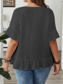 EMERY ROSE Plus Size Solid Color Round Neck Short Sleeve Simple Shirt, Fashionable For Summer Country Spring Outfits For Women Summer Outfits For Women Boho Women Clothing - Grey - View 2