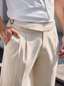 Manfinity Homme Men's Light Beige Pleated Pocket Straight Leg Casual Pants,Autumn Solid Minimalist Relaxed Fit Soft Trousers,Perfect For Party,Vacation & Streetwear - Apricot - View 2
