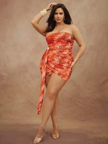 Hauture Damen ärmelloses Mini-Wickelkleid mit abstraktem Muster und Schleife an der Seite