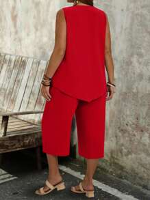 EMERY ROSE 大码女式简约中号紫色无袖上衣和七分裤 2 件套 - 紅色 - 查看 2
