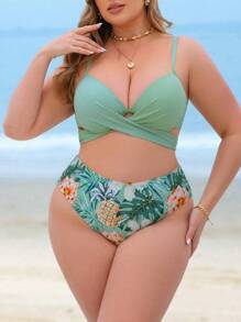 Swim Vcay Summer 3pcs Plus Size Women Holiday Beach Print Padded Push Up Bikini Set With Skirt