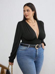 SHEIN Tall CURVE Plus Size Women Black Solid Color Ruffled Lantern Sleeve Adult Bodysuit, Summer Outfits For Women, Concert Outfit Women, Rave Outfits Festival, Streetwear For Women, Graduation Outfit Women - Black - View 3