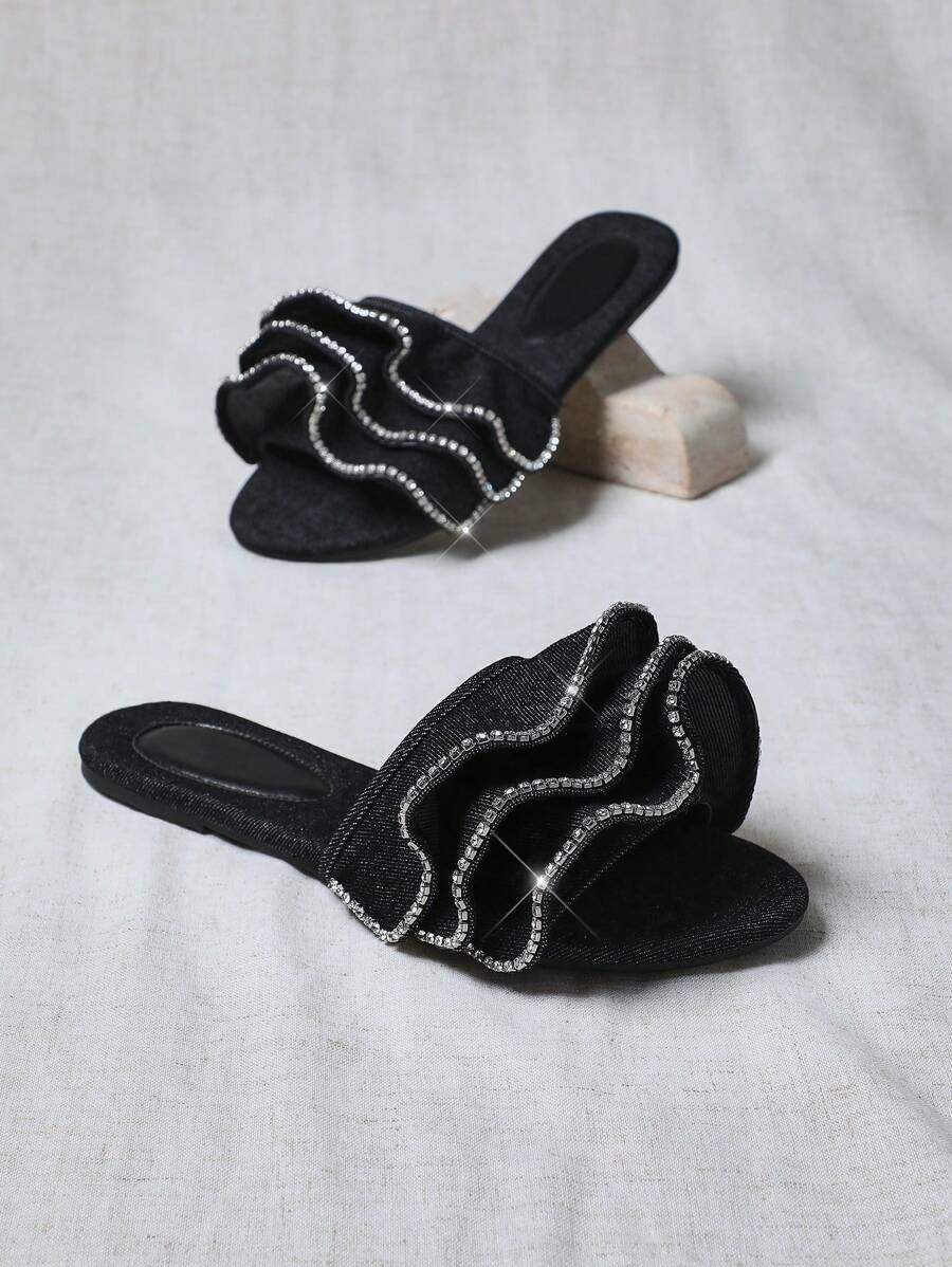 SHUZIA Women's Ruffels Chiffon Fashionable Flat Sandal - Black - View 1